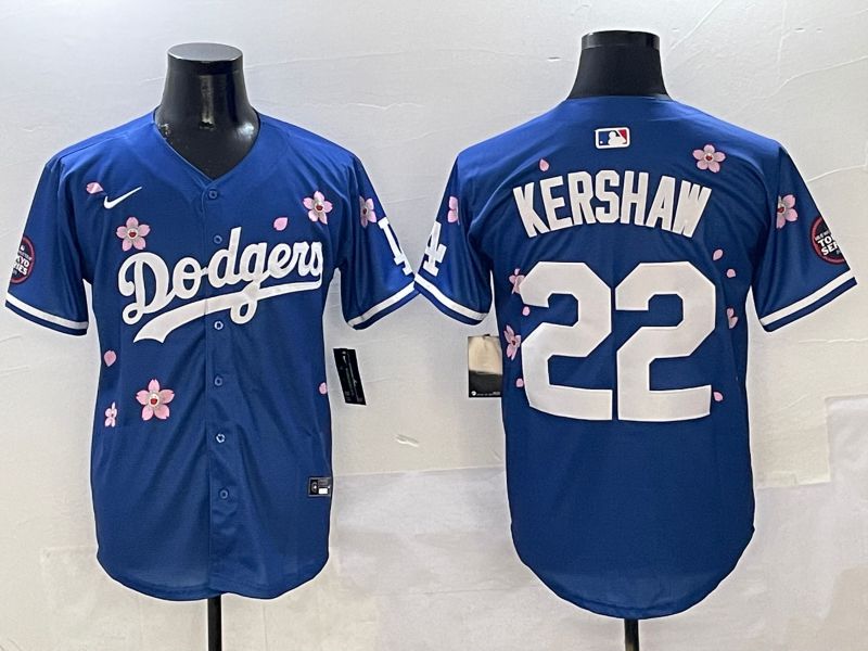 Men Los Angeles Dodgers #22 Kershaw Blue Sakura Edition 2025 Nike MLB Jersey style 1